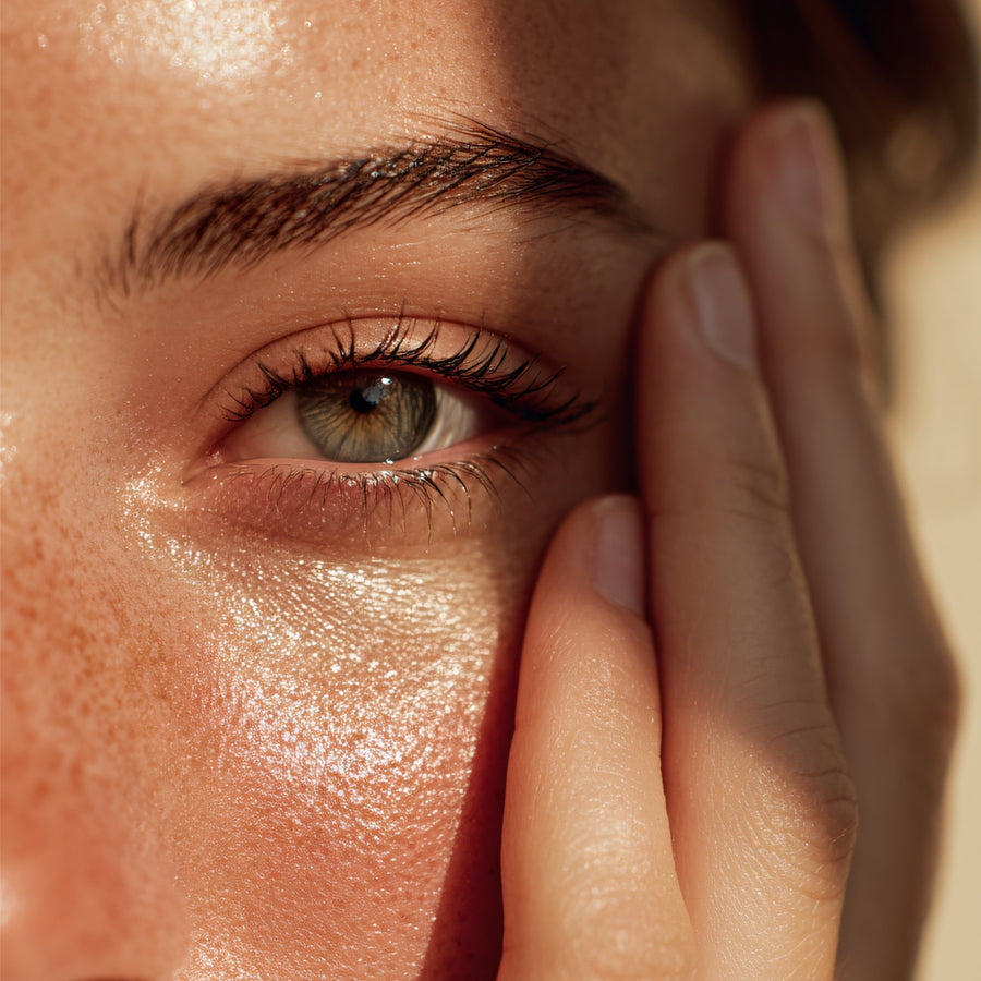 Gros plan sur un regard lumineux et une peau éclatante aprÚs utilisation du stick anti-cernes à la caféine Enkrem, soin contour des yeux pour réduire cernes et poches.