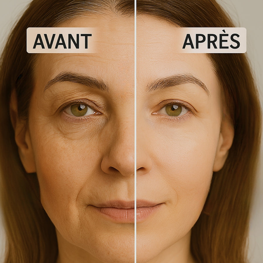 RĂ©sultats avant et aprĂšs 4 semaines dâutilisation du stick anti-cernes Ă la cafĂ©ine Enkrem, rĂ©duction visible des cernes et poche