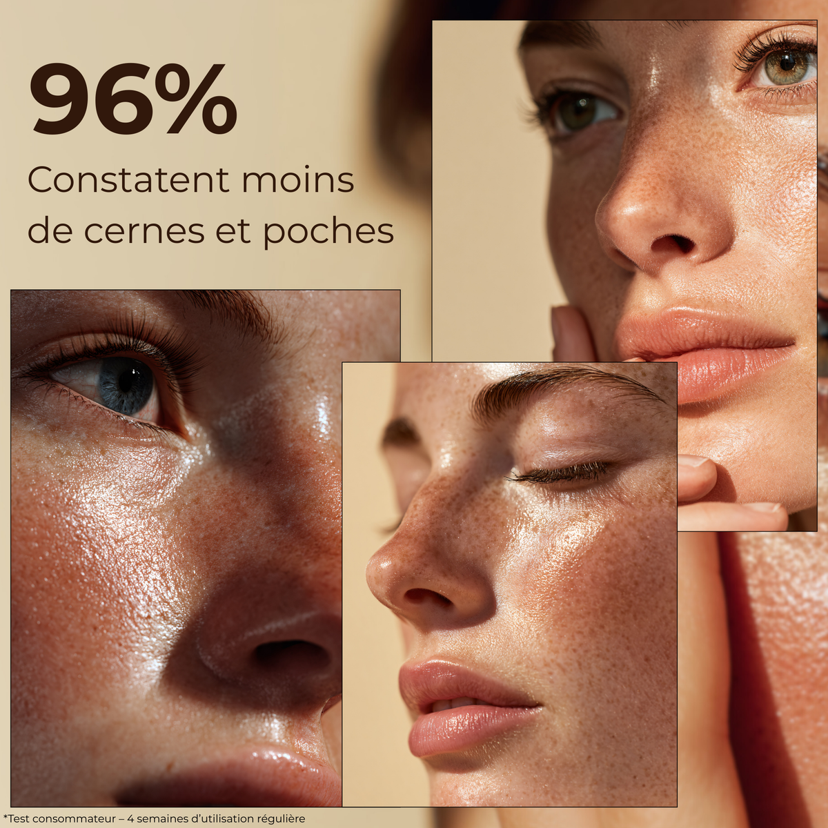 Test consommateur après 4 semaines : 96% des utilisateurs constatent moins de cernes et poches avec le stick anti-cernes à la caféine Enkrem, soin contour des yeux efficace.