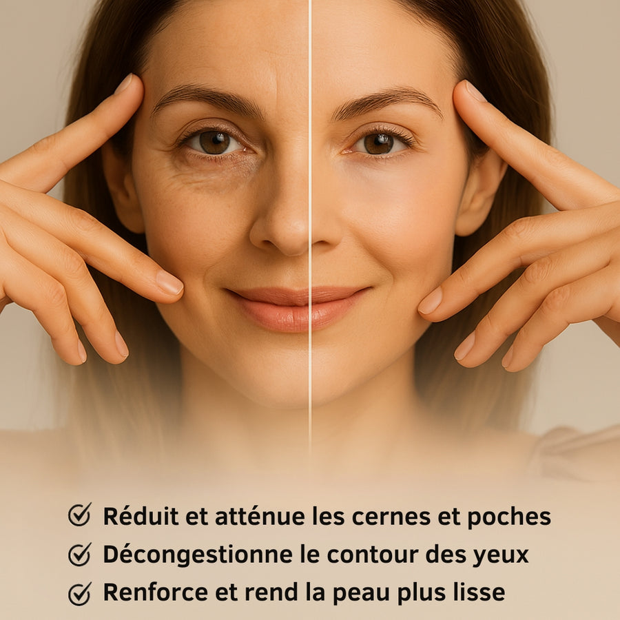 Avant-après de l’utilisation du stick anti-cernes à la caféine Enkrem avec trois bénéfices clés : réduit les cernes, décongestionne, renforce et lisse le contour des yeux
