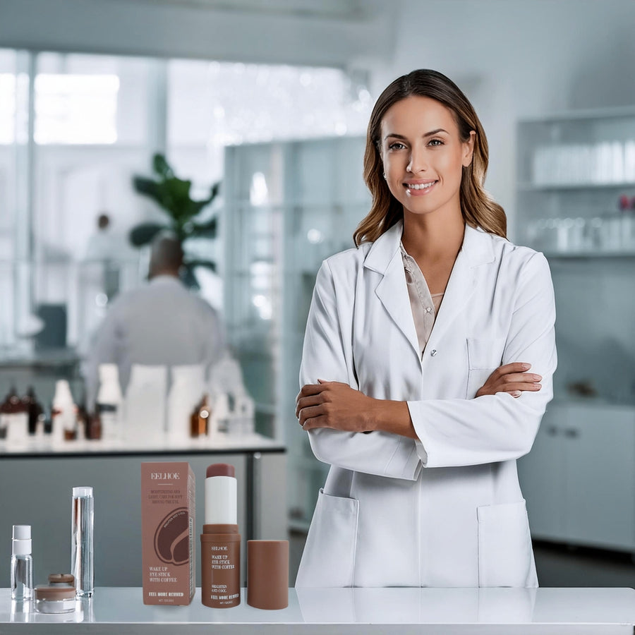Femme dans un laboratoire à côté du stick anti-cernes à la caféine Enkrem, illustrant la qualité et l’exigence de formulation du produit