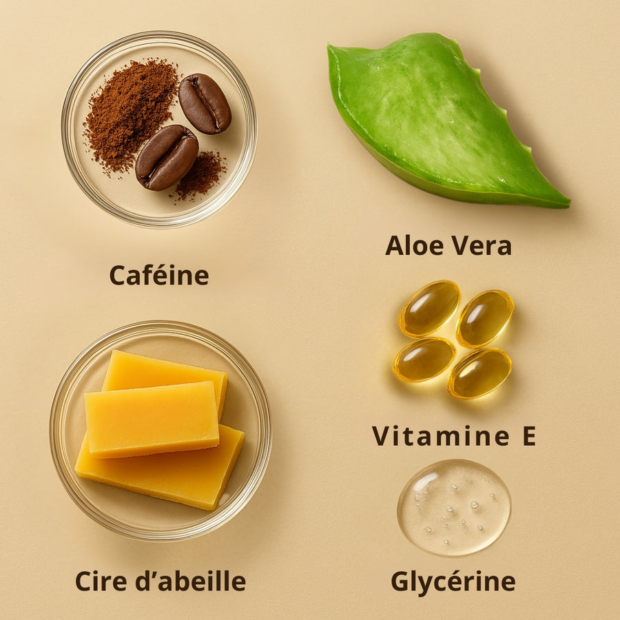 Ingrédients naturels utilisés dans le stick anti-cernes à la caféine Enkrem : aloe vera, cire d’abeille, vitamine E et glycérine hydratante