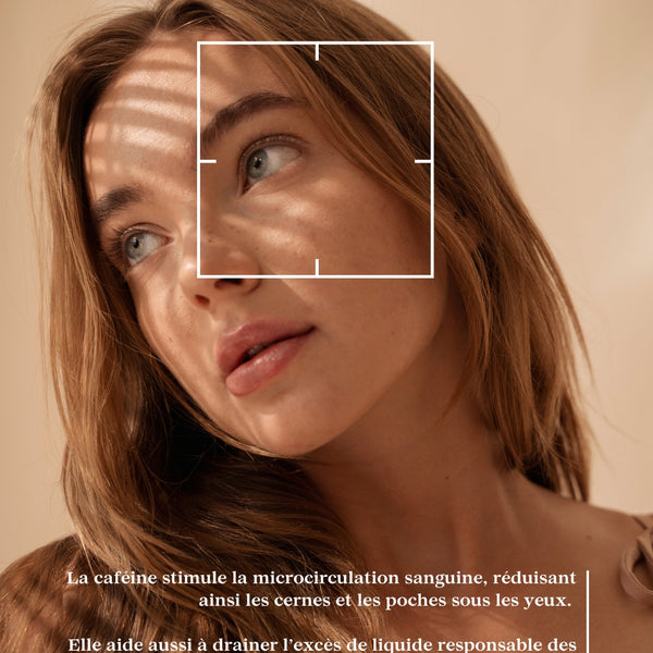 Modèle illustrant les bienfaits de la caféine sur le contour des yeux, avec explications sur ses effets anti-cernes et décongestionnants