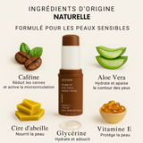 Stick anti-cernes à la caféine Enkrem entouré de ses ingrédients naturels : aloe vera, cire d’abeille, vitamine E et glycérine