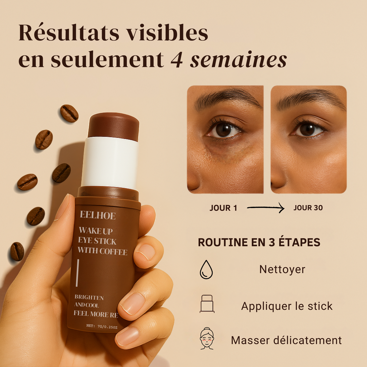 Image du stick anti-cernes à la caféine Enkrem avec un avant-après en 4 semaines et les 3 étapes d’utilisation pour réduire les cernes
