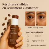 Image du stick anti-cernes à la caféine Enkrem avec un avant-après en 4 semaines et les 3 étapes d’utilisation pour réduire les cernes